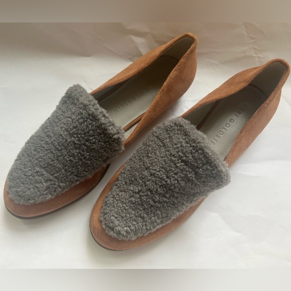 Womens Size 7 Suede Loafers Faux Fur Cozy Fuzzy Slip On Brown Gray
